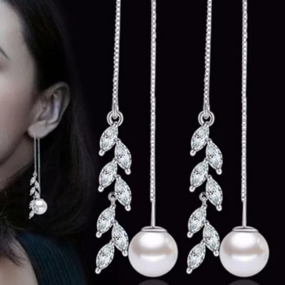NEW Sterling Silver Pearl Diamond Leaf Earrings - Picture 4 of 7